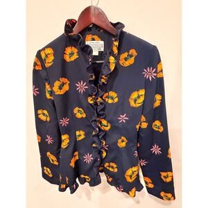 Carolina Herrera Sample Silk Floral Blouse Feather Trim Ruffle Top Sz M